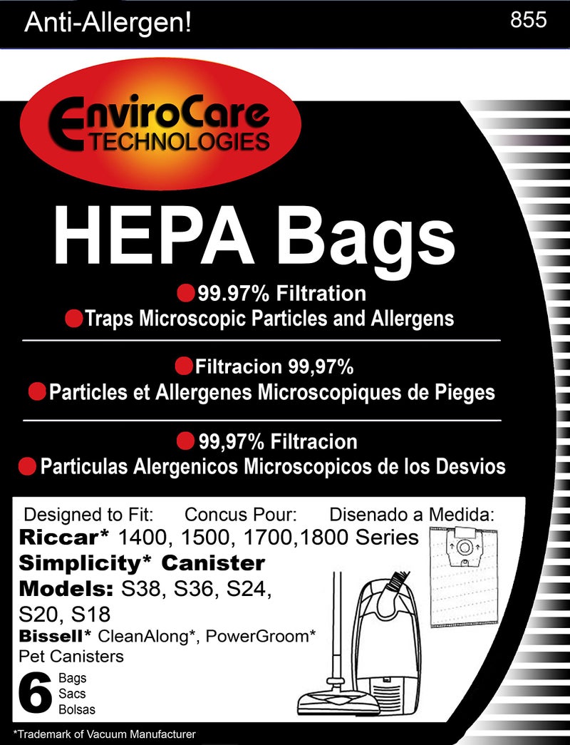 ENVIROCARE أكياس مكنسة كهربائية بديلة من إنفايروكير بتقنية HEPA مصممة لتناسب سلسلة ريكار 1400، 1500، 1700، 1800 وسلسلة سيمبليسيتي S38، S36، S24، S20 وS18 - عبوة 6 أكياس - Image 1